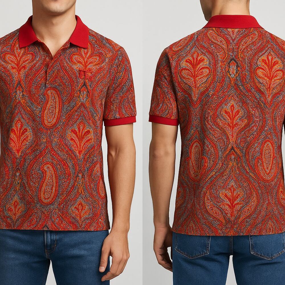 Le Jean de Marithé + François Girbaud XL Y2K Polo Shirt Red Paisley Print Cotton